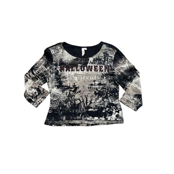 Y2K Halloween black white red bedazzled witch spooky quarter sleeve top - Picture 1 of 6